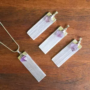 Selenite Pendant Necklace, Gemstone Pendant with Amethyst Accent and Complimentary Chain crystal jewelry