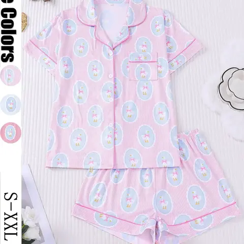 Women's Spring and Summer Pajama Set Pjs, Pajama Outfit, Collared Pajama Set, Cute Gentleman Duck Print Casual Loungewear Nightwear, Comfortable Shirt Collar Short Sleeve Top & Loose Elastic Shorts Pyjamas