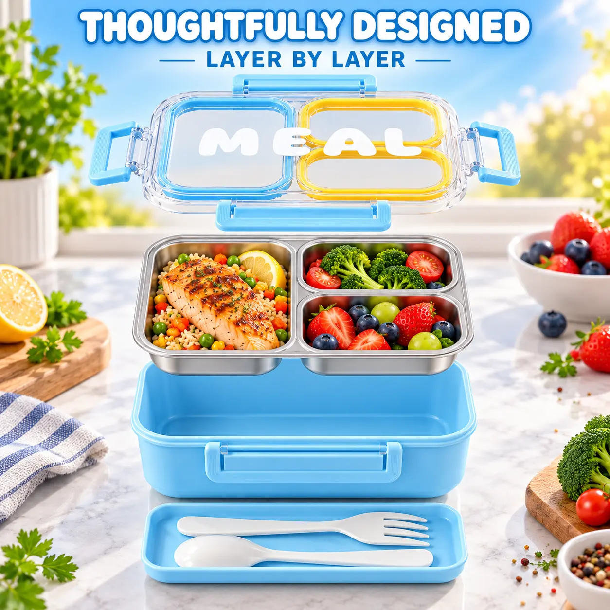 Stainless Steel 3-Compartment Bento Lunch Box for Adults - With Hidden Cutlery Storage, Fork, Silicone Lid, Tableware Tray, Portable Meal Prep Container for Work, Travel