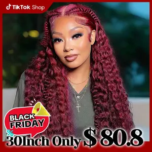 【30''Only $80.8】Deep Wave Lace Front Wigs Human Hair Burgundy Color 13x4 Lace Frontal Wigs 180% Density Transparent Lace Frontal Wigs Curly Wigs for Women Red 99J Color Wig