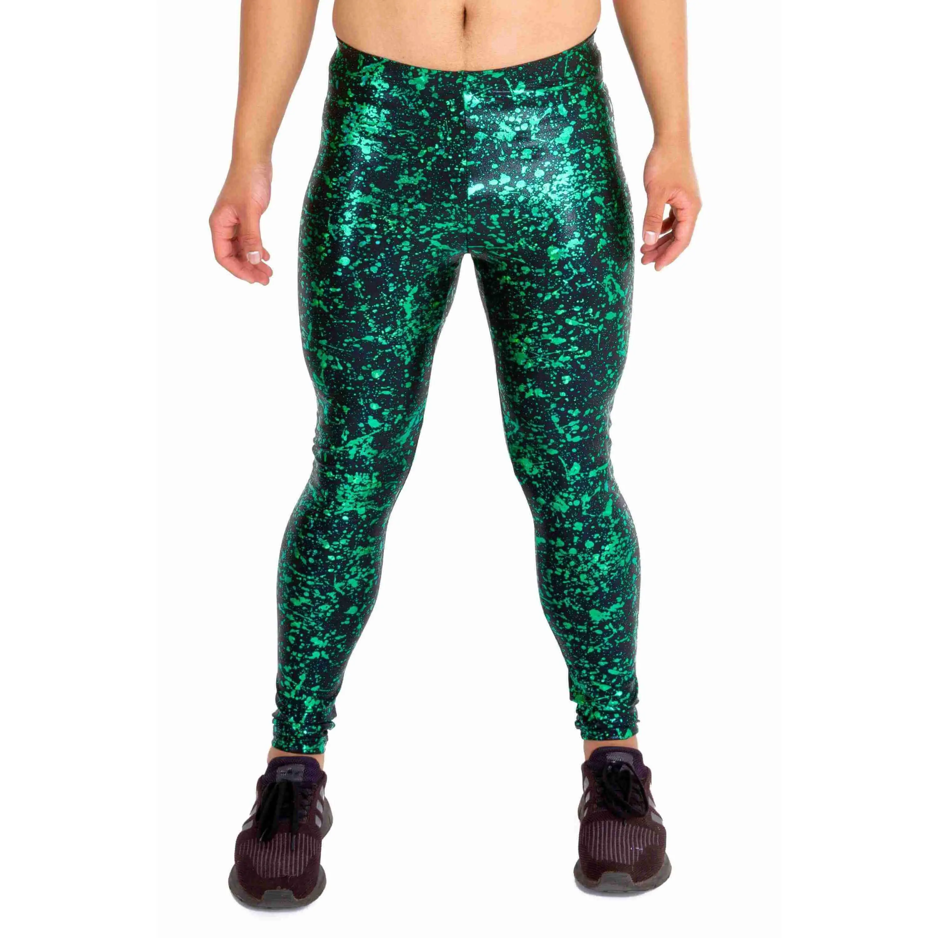 Kapow Meggings Metallic Alchemy Black & Emerald Green Print Men’s Leggings | Shiny Streetwear & Festival Fashion