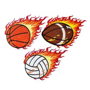 3 Pack Sports Element Embroidered Flame Patches for DIY, Customizable Basketball, Football, Volleyball Designs for Jackets and T-Shirts