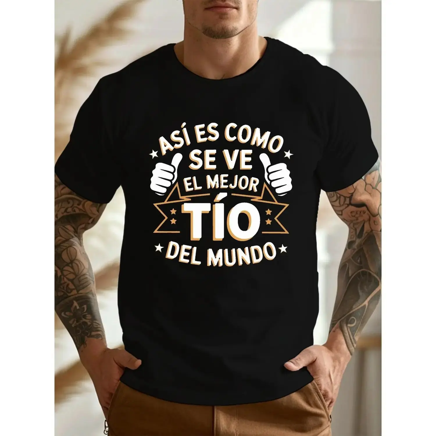 Men's "Best Uncle In The World" Sporty Chic T-Shirt - Lightweight, Shrinkproof, Multi-Size Short Sleeve Sports Top with Thumbs-Up, Stars & "Mejor Tío Del Mundo" Design, Casual Tee for Uncles (S-XXXXL)
