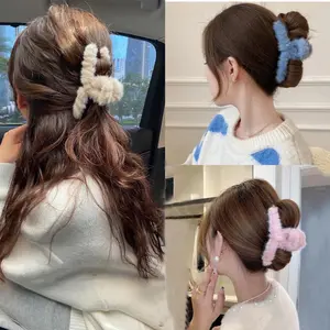 Sharp Hair Collection: Pastel Plush Hair Claw Clips – Secure Hold in Beige, Blue, and Pink for a Cozy Touch