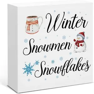 Winter Decor, Snowflake Snowmen Wood Box Sign, Winter Wonderland Christmas Home Office Decorations for Desk Table Shelf 5 X 5 Inches