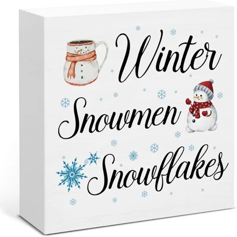 Winter Decor, Snowflake Snowmen Wood Box Sign, Winter Wonderland Christmas Home Office Decorations for Desk Table Shelf 5 X 5 Inches