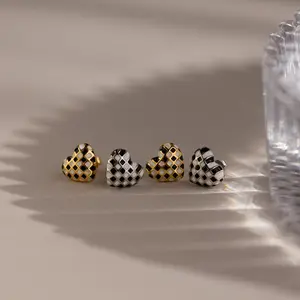 Checkered Heart Studs by Caitlyn Minimalist - Dainty Black and White Art Deco Heart Earrings - Valentine's Day Jewelry Gift - Vintage Jewelry - Gift for Her