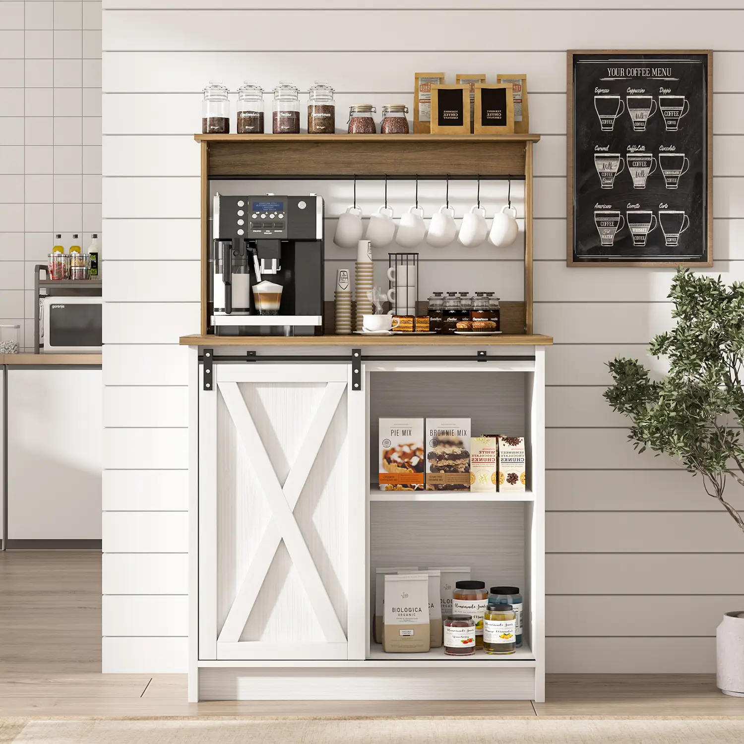 HOMBCK Farmhouse Coffee Bar Cabinet, Sideboard Buffet Cabinet with Storage and Shelf