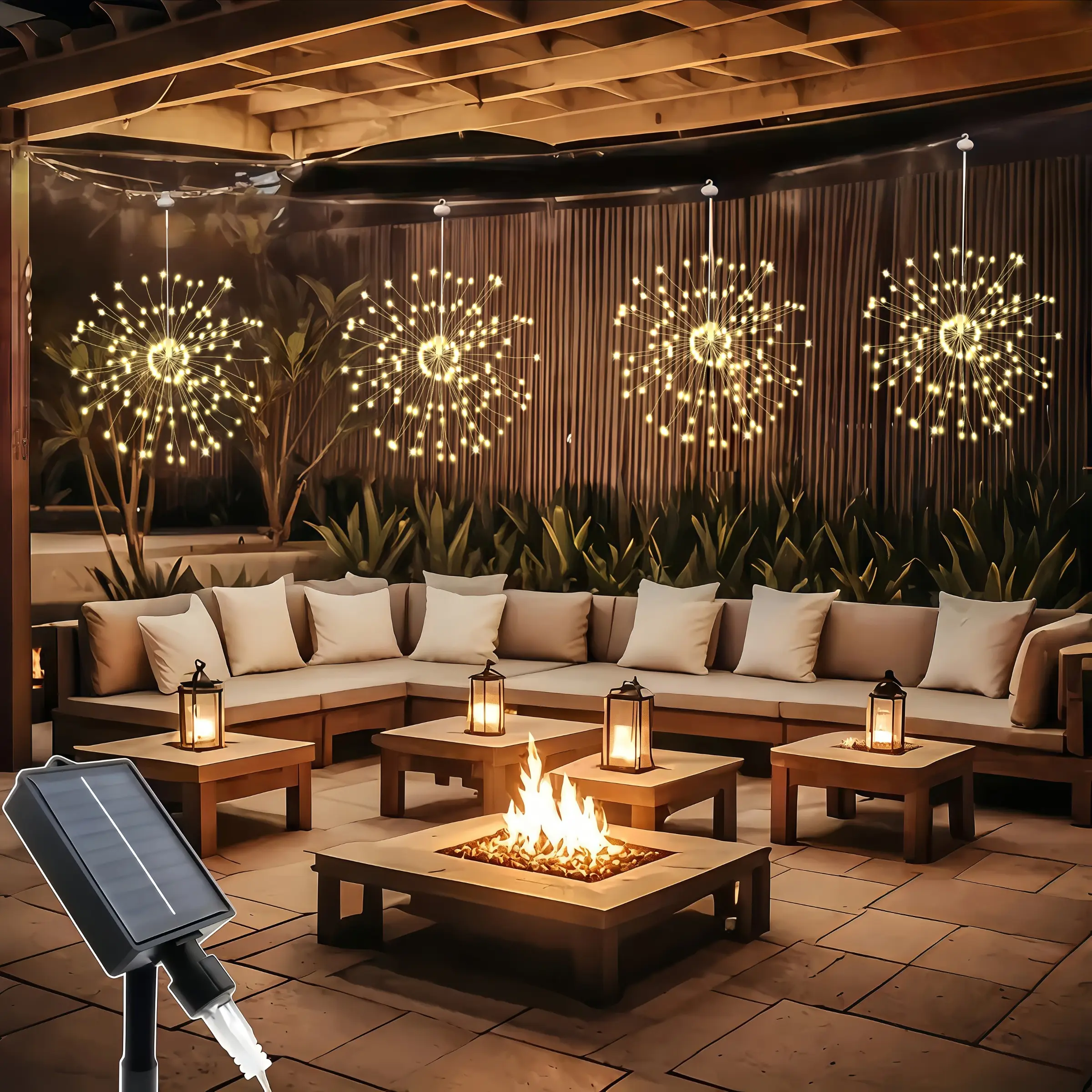 Solar Powered Outdoor Light, LED Flashing Starburst Ball Light, Copper Wire Fairy Light for Patio, Umbrella, Eaves, Garden, Tree, Tent, Holiday Decora