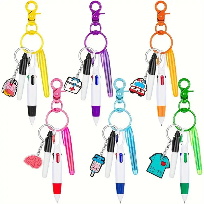 Mini Highlighter Nurse Pens, 6 Counts/set Including 1 Tip Highlighter & 1 Permanent Marker Pen & 1 Retractable Ball Pen with Nursing Keychain Clip, Ballpoint Pen Set, Ballpen Set, Stationery Writing Tools, Stationery Supplies