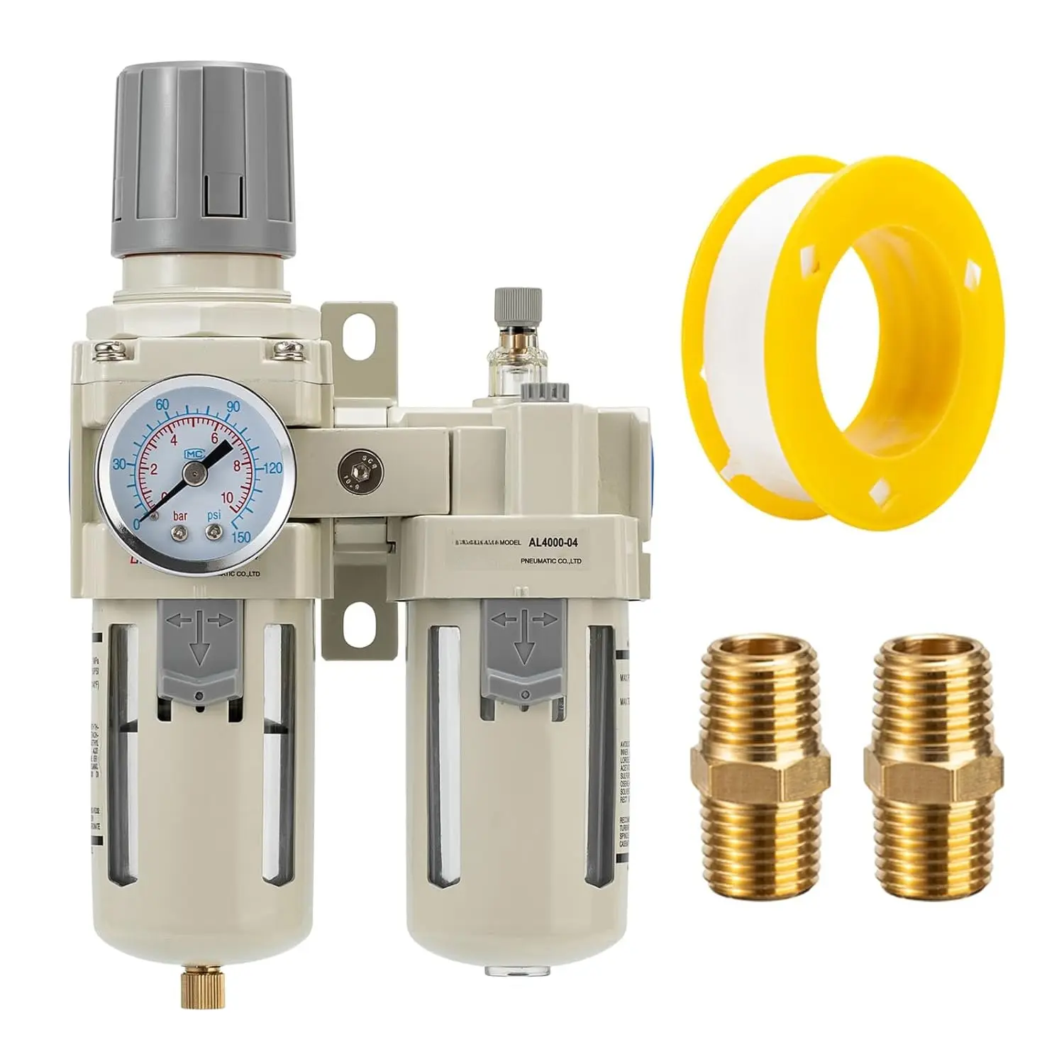 Industrial Air Compressor Polycarbonate Filter Regulator Lubricator (FRL) Unit - 1/2 NPT Oil Water Separator, Gauge, Semi-Auto Drain for Pneumatic Systems