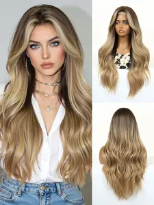 26 Inch Gold Gradient Long Wavy Fiber Natural Looking Wig, Korean Style Gentle Atmosphere, Breathable Adjustable Inner Net, Smooth Comfort Fit