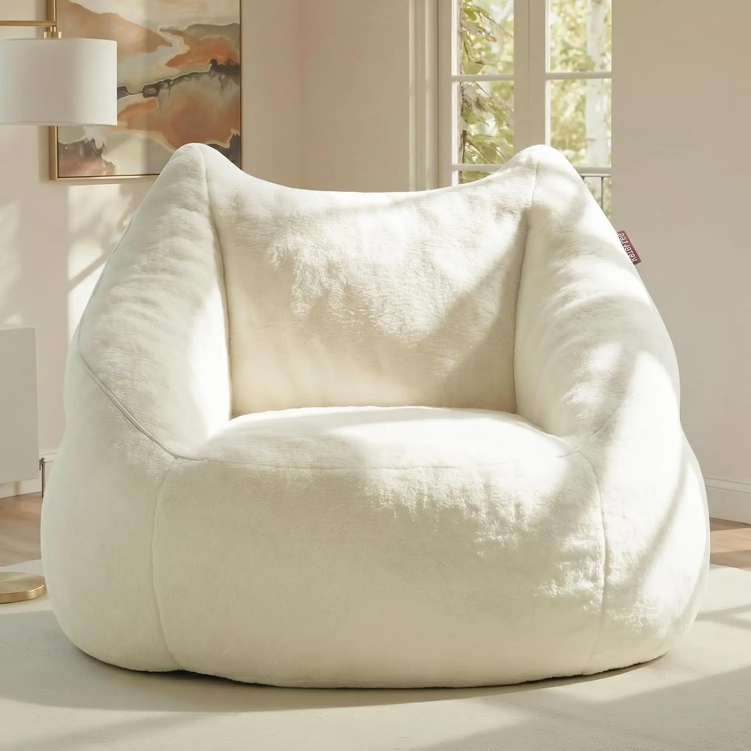 Relefree Oversized Memory Foam Bean Bag Chair with Armrests - Cream White Indoor Living Room Sofa Furniture for Adult Reading, Relaxing