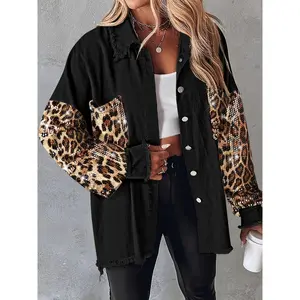 NewContrast Leopard Sequin Patchwork Long Sleeve Jacket Top Button Front Raw Hem Shacket