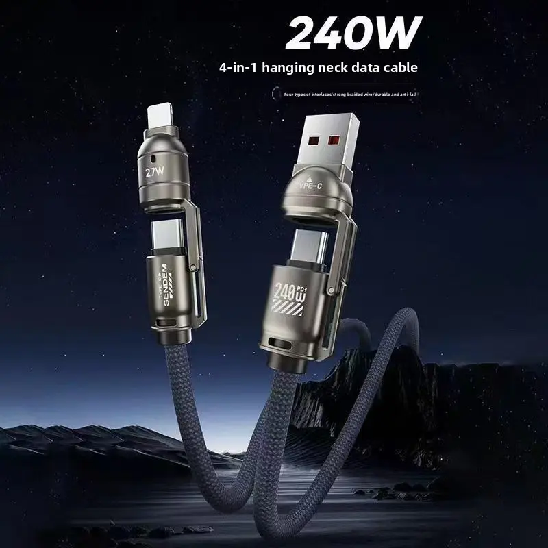 240W Fast Charging Cable with Lanyard 4 in 1 Retractable Neck Crossbody Phone Charger Braided Cord for Travel