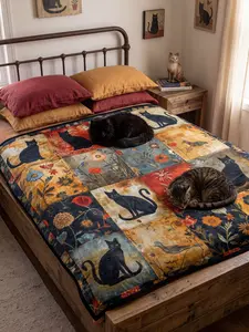 Cat Patchwork Digital Print Fleece Throw Blanket, Cute Cozy All-Season Blanket for Sofa and Bed, Cartoon Design, Blankets King Size 1000 Thread Count Sheet Set Silk Satin Fitted Luxury Split Cooling