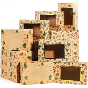 24 PCS Foiled Christmas Cookie Boxes for Gift Giving, Bakery Boxes with Window, 3 Design Brown Kraft Cardboard Treat Box for Xmas Holiday Pastries Cupcakes Doughnut Wrap