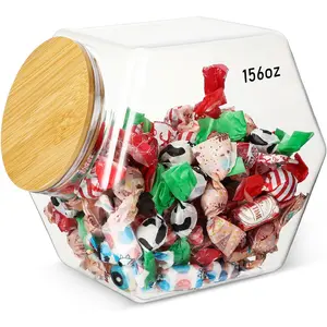 156 oz Hexagonal Plastic Candy Jar – Airtight Bamboo Lid, Clear Container for Snacks, Coffee Pods, Laundry & Pet Food Storage