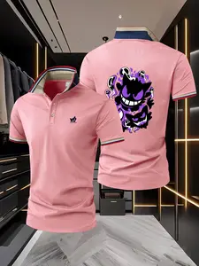 Men's Colorblock Stand Collar Polo Shirt, Ghost Monster Anime Print Streetwear T-Shirt, Slim-Fitting Fashion Top