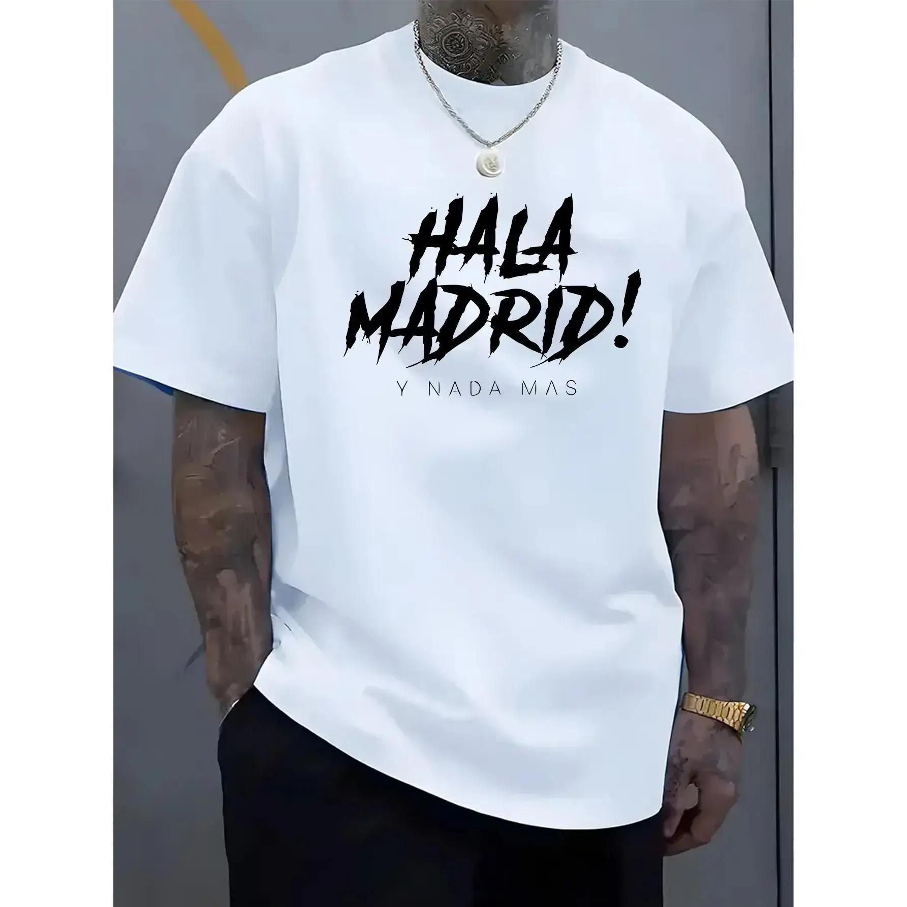 Men's "Hala Madrid!" Graphic T-Shirt with Bold Letter Print, Casual Short Sleeve Crew Neck Top, Soft Comfortable Fit for Everyday Wear, Tshirt, Shortsleeve