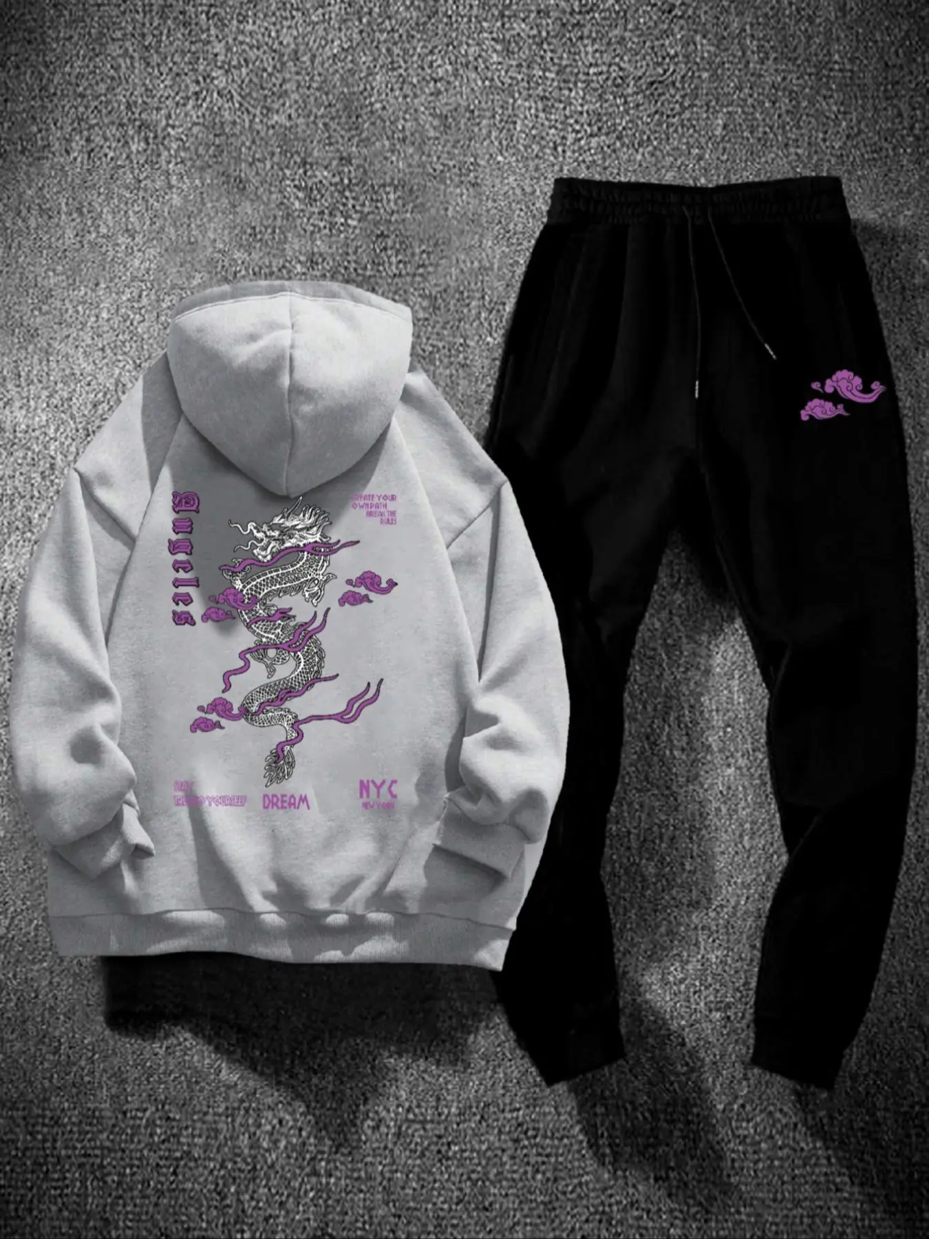 Men's Dragon & Letter Print Hoodie & Sweatpants Two-piece Set, Regular Fit Casual Long Sleeve Hooded Sweatshirt & Jogger Pants for Fall & Winter, Men's Two-piece Outfits for Outdoor Activities, Clothes