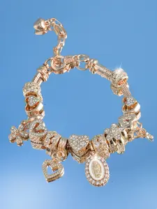 Water Drill Heart Charm Flower Jesus Key Lock Pendant DIY Rhinestone Decorated Bracelet, Detachable Daily Wear Jewelry, Mother Day Valentine Gift