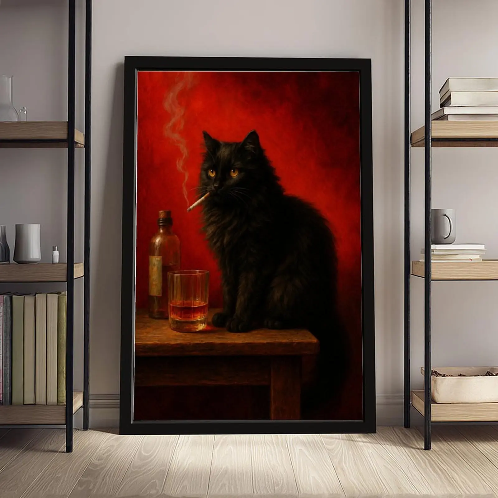 Vintage Smoking Black Cat Whiskey Canvas Wall Art, Funny Gothic Cat Print, Retro Dark Academia Painting, Quirky Decor for Living Room Bedroom Bar, Framed/Unframed Multiple Sizes
