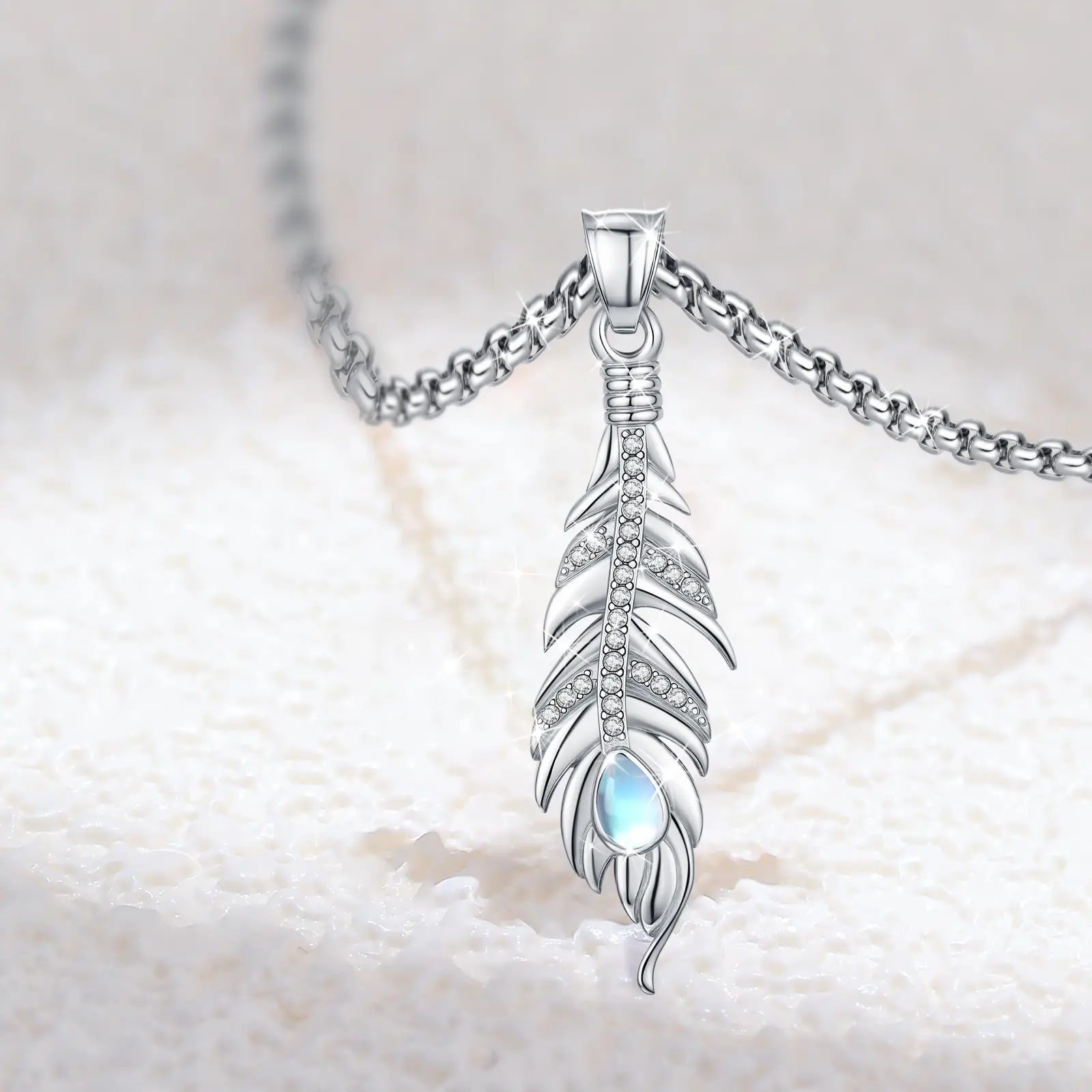 Brighthive 925 Sterling Silver Unisex Feather Necklace, 2.5g Moonstone & Cubic Zirconia Pendant with Sparkling Effect, Elegant Gift for Adults, Gift Boxed, Oxidized