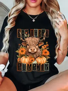 100% Cotton Unisex Hay There Pumkin Highland Cow Fall Autumn Thanksgiving T-Shirt Casual Top