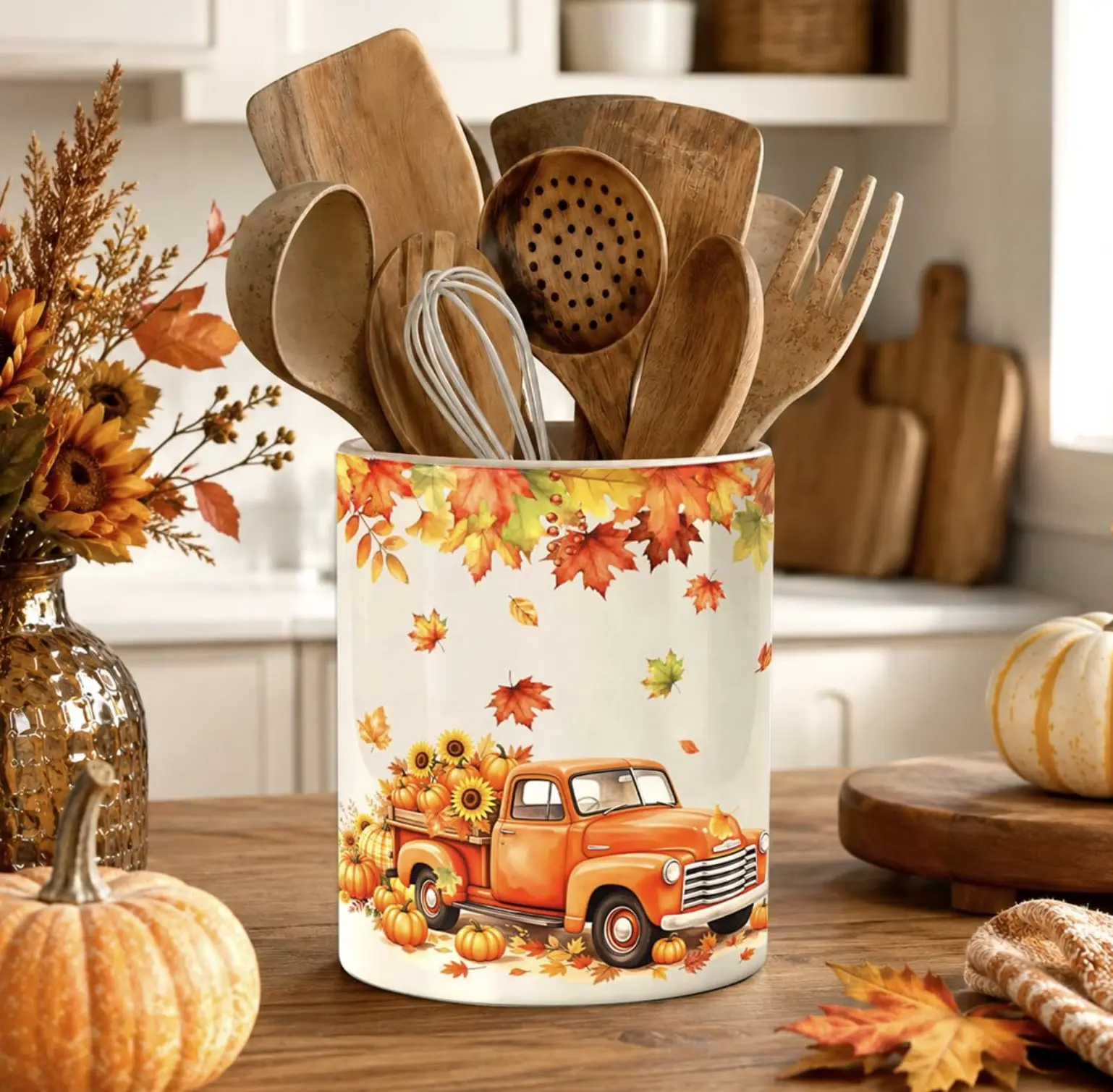 Fall Kitchen Decor Ceramic Utensil Holder, Farmhouse Fall Gnome Pumpkin Utensils Holder, Ceramic Utensils Crock for Rustic Indoor Kitchen Decorations(6.3 Inches)