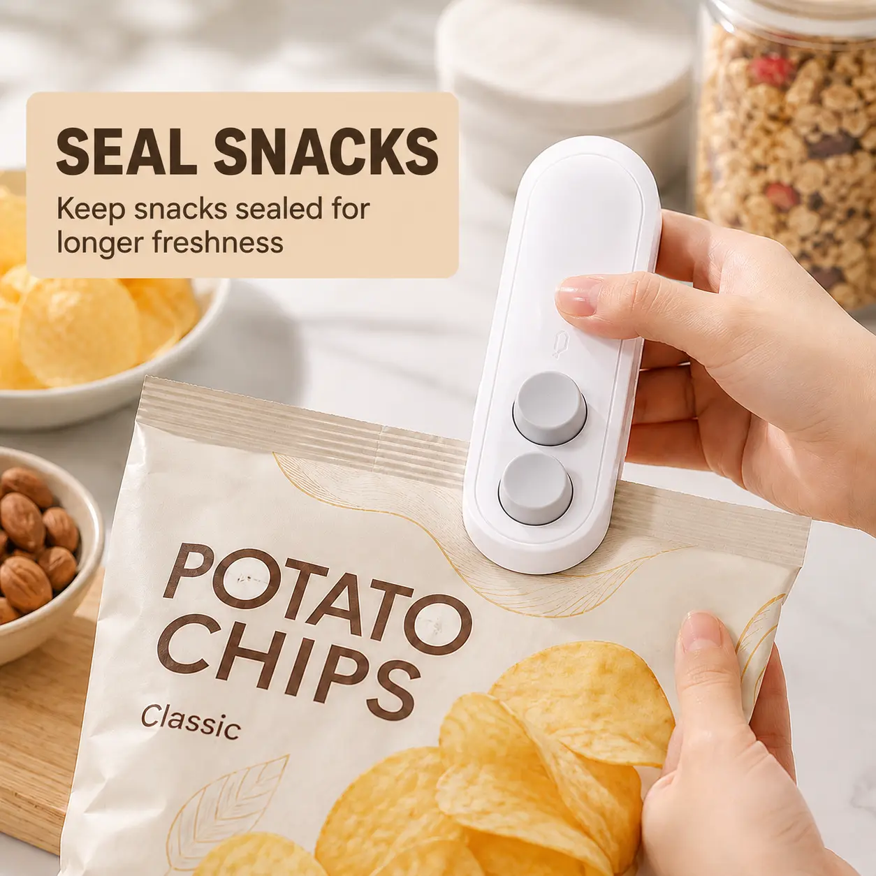 ONESHOW HOME Handheld Compact Multifunction Mini Bag Sealer, 2-in-1 USB Power Rechargeable Heat Sealer and Cutter, 1-Hand Operation Vacuum Sealing Machine for Kitchen Food Storage, Snack Bags