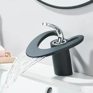 Modern 2-Tone Brass Single Hole Vanity Countertop Faucet - 1-Handle Copper Swan-Style Vessel Hollow Waterfall Bathroom Sink Tap, Countertop Faucet Bathroom Sink Taps