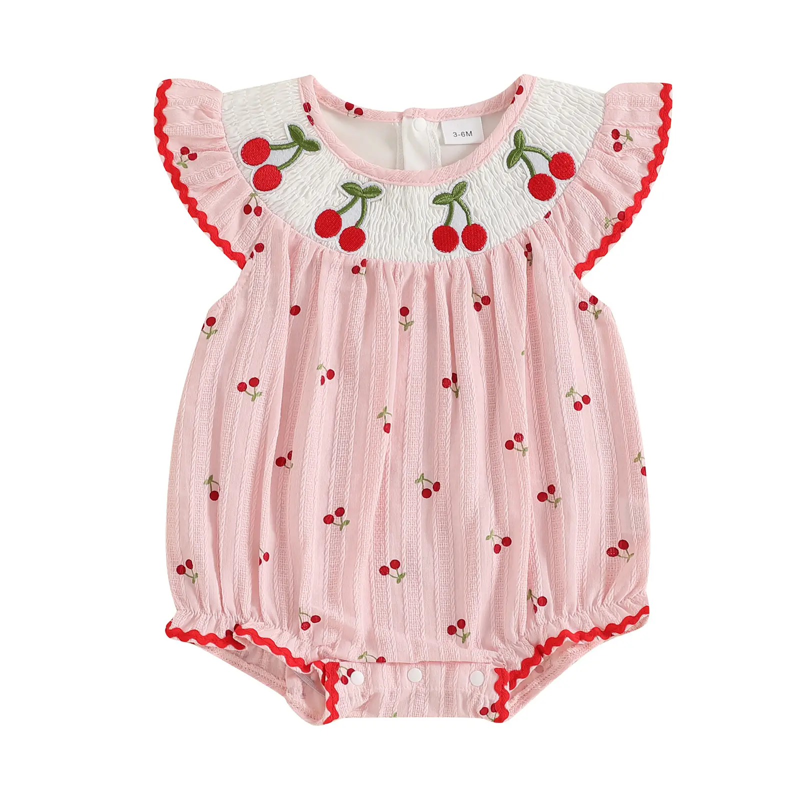 Baby Girls Rompers Cherry Embroidery Round Neck Fly Sleeve Infant Fashion Bodysuits Jumpsuits