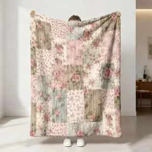 1 piece of retro pink rose patchwork style floral print flannel blanket Rose Flower Blanket soft and comfortable bed blanket sofa blanket camping and other uses available all year round