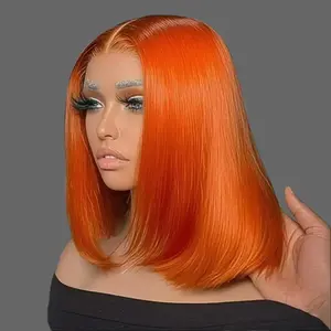 13x4 Glueless Short Bob Wig Ginger Orange HD Lace Front Human Hair Wigs For Women Colored Transparent Lace Frontal Wig Super Double Drawn Bone Straight Bob Wig 100% Human Hair Pre Plucked