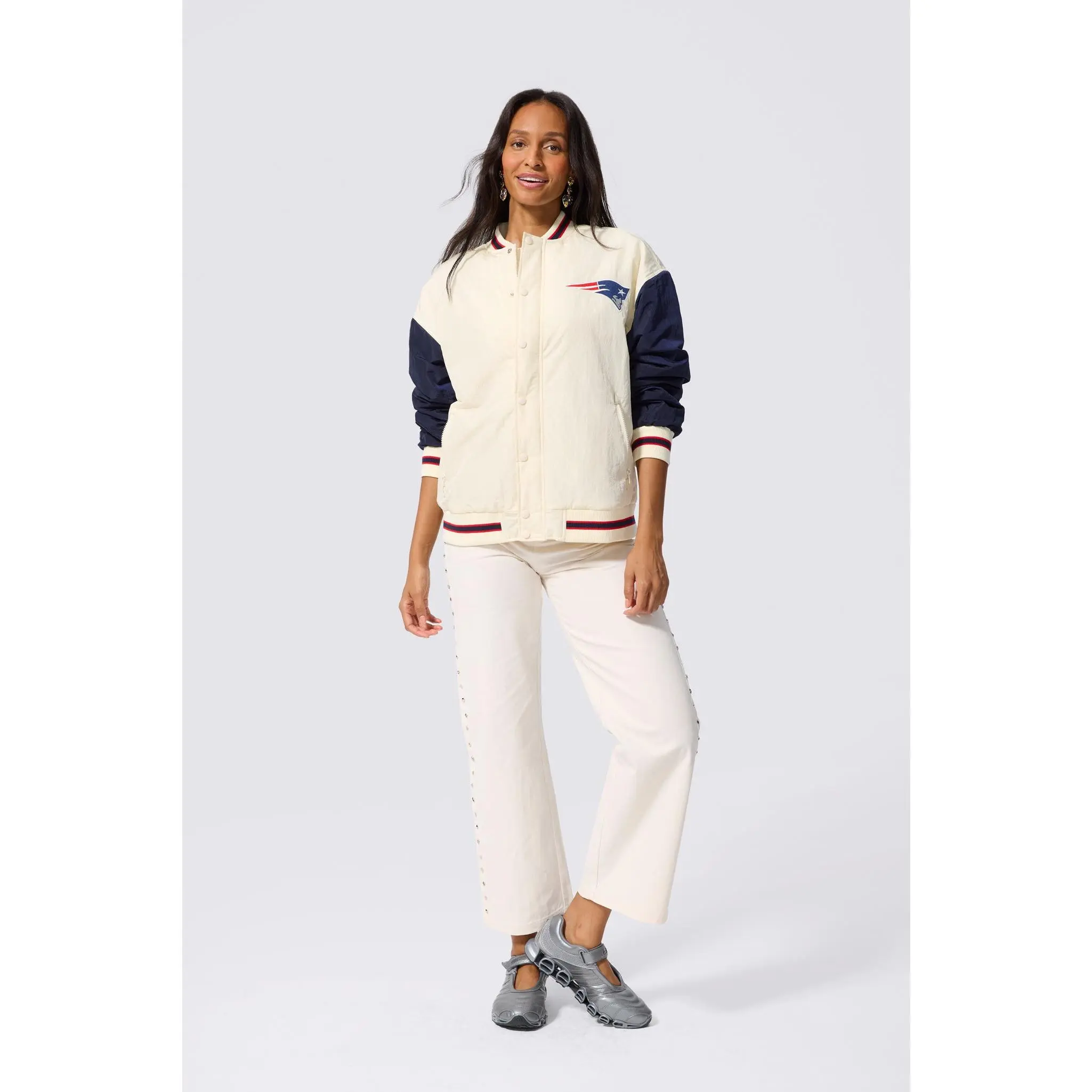 New England Patriots Bomber Jacket in Sugar Swizzle and Navy