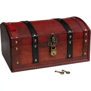 Wooden Treasure Chest Box - Red Lockable  Decorative Chest for Storage, Keepsakes, , Trinkets- Pirates Wooden Chest Decor (11.8x8x6)