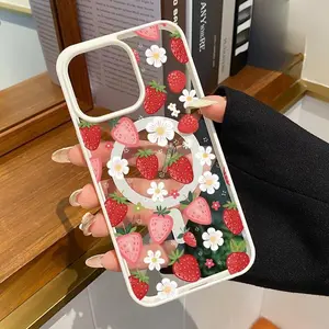 Strawberry Daisy Pattern Phone Case Supports Wireless Charging for iPhone 15 16 14 Pro Max 13 12 11 Shockproof Non Slip Protection Silicone Transparent Acrylic Cover Cellphone Protective