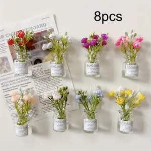 8pcs Cute Flower Vase Magnets with Bud Design, 3D Plastic Refrigerator Decor for Kitchen, Multi-Color Oval Vases with Good Luck Tags, Perfect Holiday Gift, Decoration