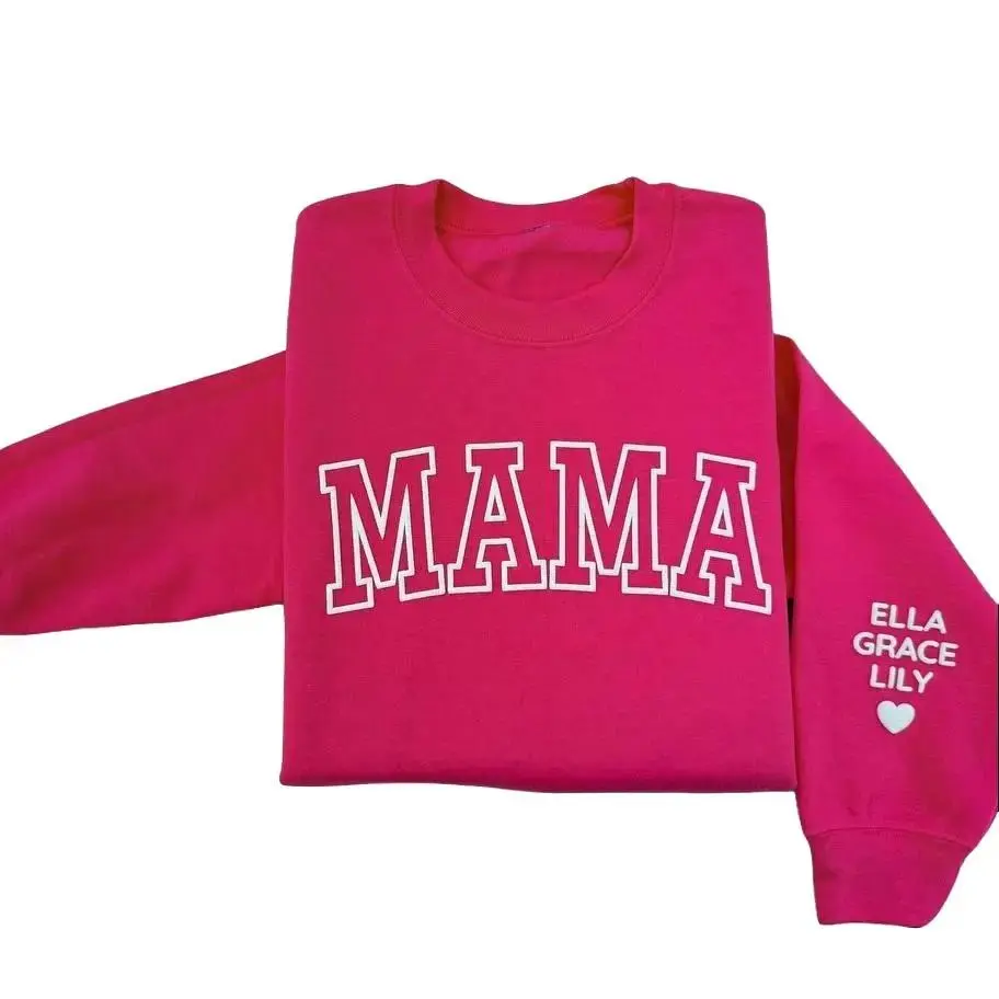 Mama Mini Matching Embossed Print Sweatshirt with Puff Design, Soft Cotton, Casual Style, Mother's Day Gift, Available in Multiple Colors - Rasberry