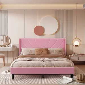 VECELO Modern Velvet Upholstered Bed Frame with Textured Wingback Headboard, Queen Full Size Bed Frame,Wood Slats Support Platform, No Box Spring Required, Easy to Assemble