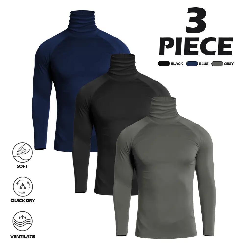 Men's 3-Pack High Neck Long Sleeve Base Layer Shirts - Elastic Breathable, Fitted Slim, Dry Fit Stretch Athletic Wear Sportswear for Running, Gym (Black, Grey, Blue)