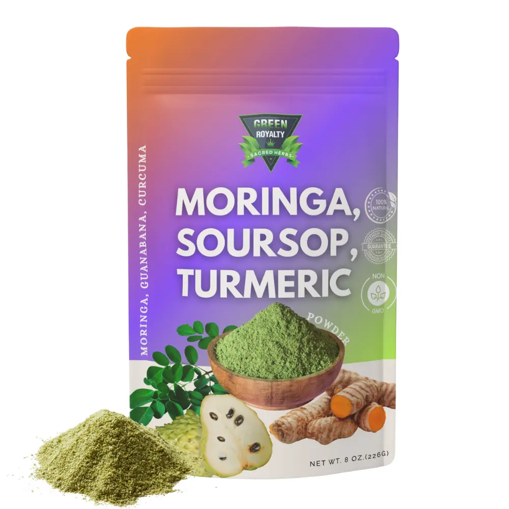 Green Royalty 3-in-1 Natural Edible Dietary Vitamin Powder Supplement - Guanabana, Curcuma, Moringa, 8oz Bag, Energy Booster, Metabolism Support, Sugar Free, Prop 65 Safe, Youth Focused, Versatile Use Drink Mix, Bulk Packaging Powdered Supplement Drink Mi