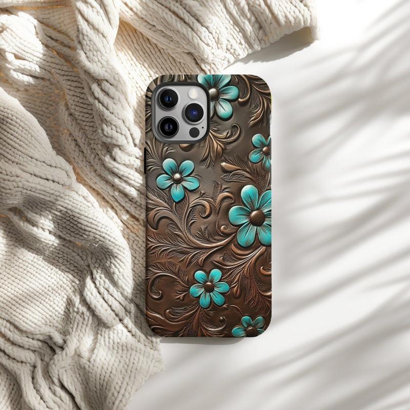 Western Turquoise Floral Tooled Leather Style Case for iP Phone 17 16 15 14 13 12 11 Pro Max Plus X XR XS - Boho Country Chic 3D Effect Print Cover 🌵💎✨
