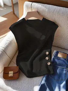 Women's Knitted Vest Top, Sleeveless Boat Neck Design, Button Accents, Stylish Casual Wear for All Seasons