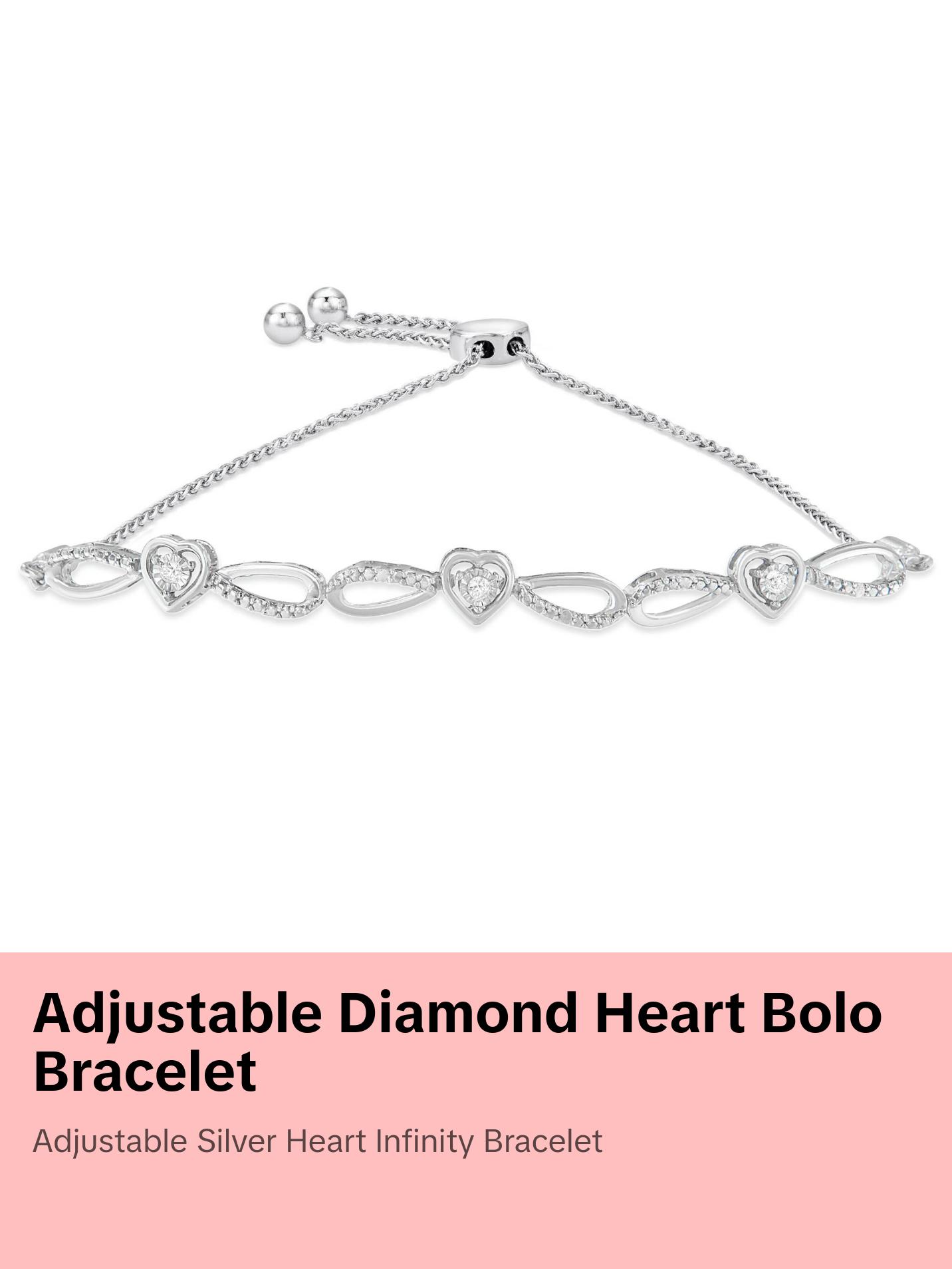 .925 Sterling Silver Diamond Accent Heart and Infinity 4”-10” Adjustable Bolo Bracelet (I-J Color, I3 Clarity)