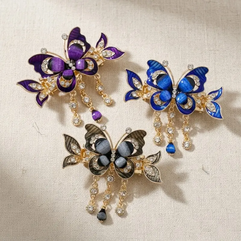 3pcs Bohemian Butterfly Tassel Hair Clips with Rhinestones - Vintage-Inspired Alloy Hair Accessories for Women, Elegant Hairpins for Updos, Ponytails & Buns, No Power Needed, Hair Accessories for, Bunmaking Accessories, Bohemian Style, Rhinestone Embelli