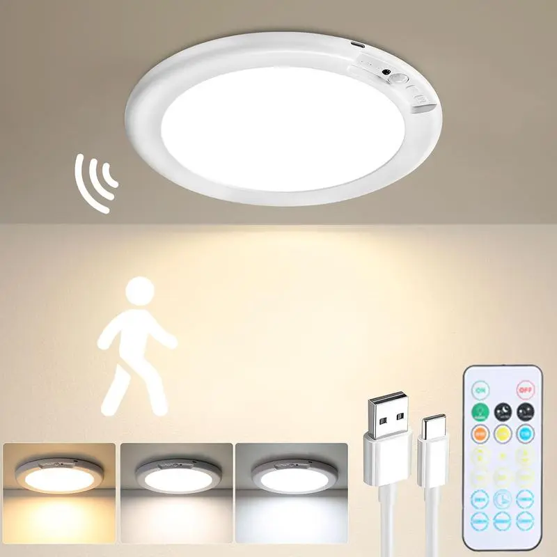 Rechargeable Motion Sensor Ceiling Light | Magnetic Wireless LED Ceiling Light | Remote Control 3 Color Dimmable Indoor Lamp for Closet, Shower, Pantry, Shed, Hallway, Bathroom, Living room