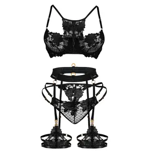 Parthenope Sexy Lingerie for Women Lace Bra and Panty Set with Underwire Lingerie 3 Piece Floral Garter Womens Lingerie