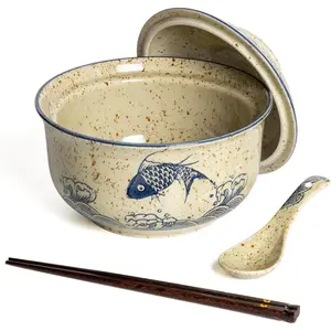 Ceramic Ramen Bowl Set Ramen Noodle Bowl with Lid 27oz  Retro Style Soup, Pho, Udon Bowls, Matching Spoons and Chopsticks for Microwave & Dishwasher Safe, Fish